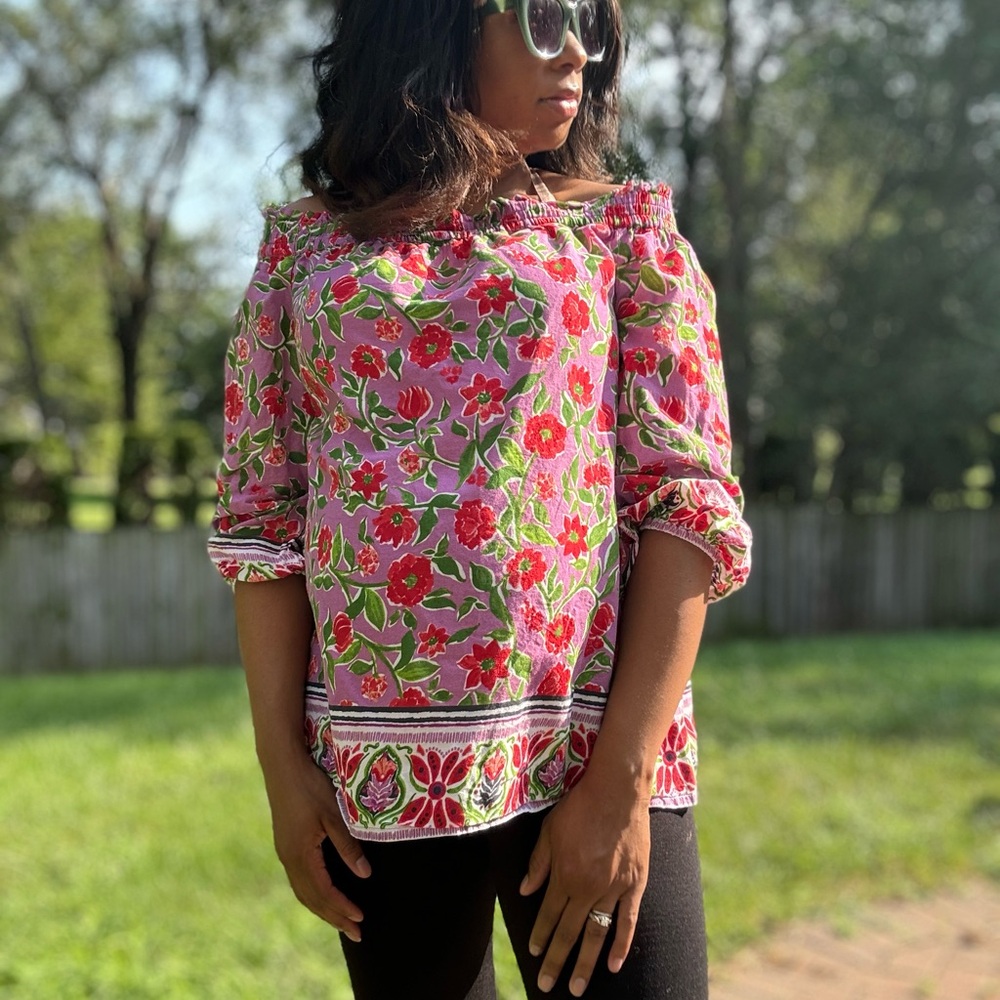 A Pea in the Pod Pink Off-the-Shoulder Blouse with 3/4 Sleeves